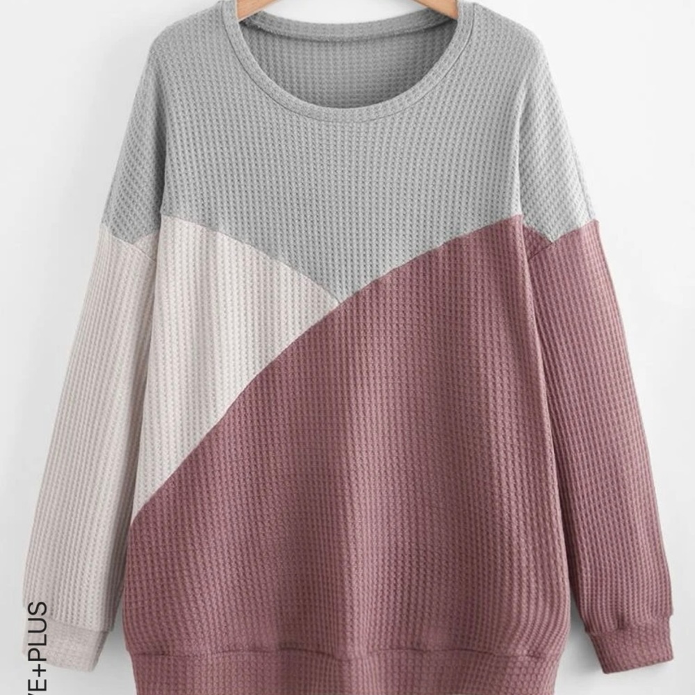 Shein Waffle Knit Color Block Drop Shoulder Pullover 3XL